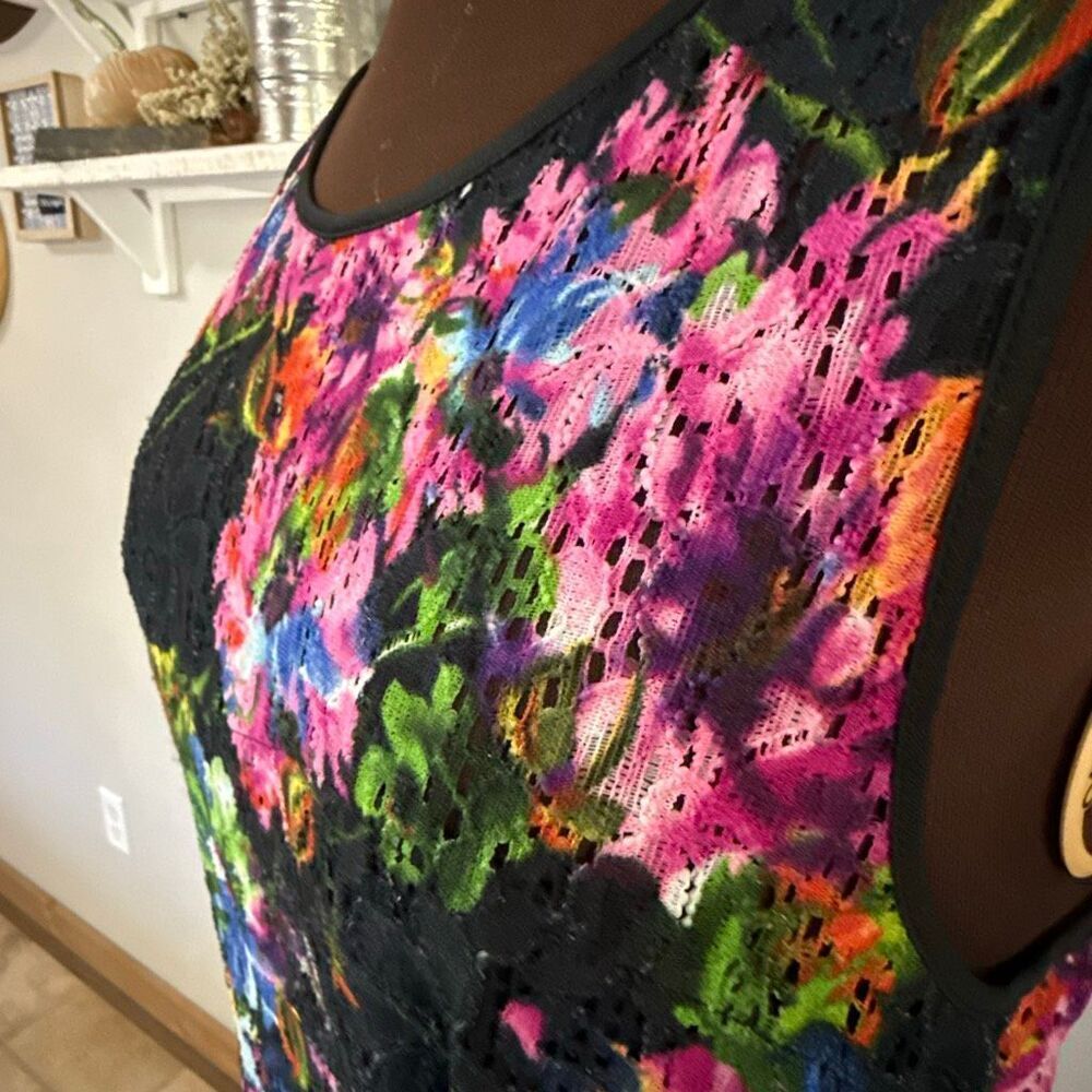 Betsey Johnson sleeveless dress size 14 colorful floral print lace overlay whims - Picture 6 of 12